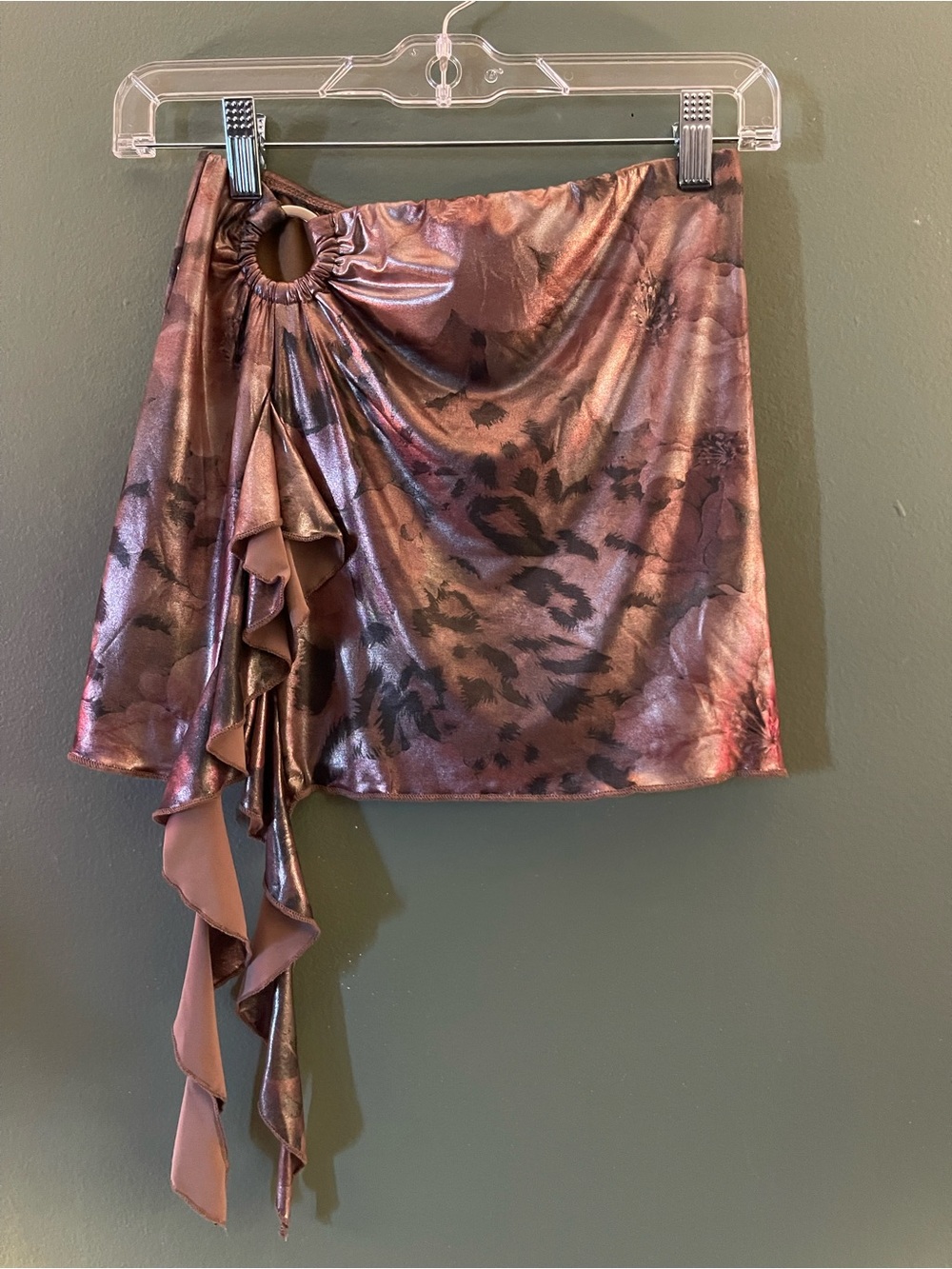 Shimmery Mauve Animal-Print Mini Skirt with Ruffle Ring Detail